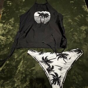 Women's XL Palm Tree Print Black & White Halter Bikini Swimsuit Set‎
